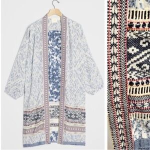 Anthropolgie Arwen Open Front Long Sleeve Ikat boho Cotton Duster Jacket